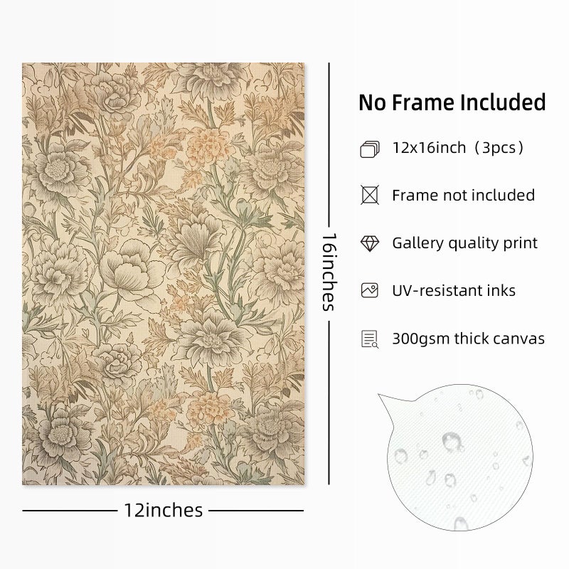 Youillne Vintage Flower Wall Art Decor Beige Floral Canvas Wall Art Botanical Rustic Pictures Prints Farmhouse Antique Painting Vintage Flower Poster for Living Room Bedroom 12x16 Inch Unframed Set of 3 - Image 2