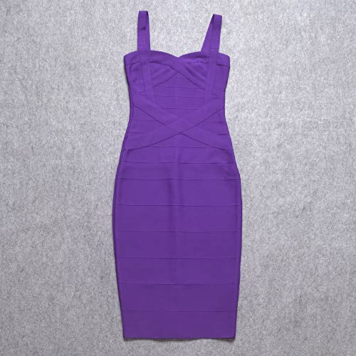 HLBandage Midi-Calf Solid Color Spaghetti Strap Rayon Bandage Dress(L,Purple) - Image 3
