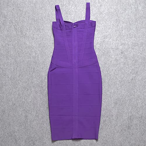 HLBandage Midi-Calf Solid Color Spaghetti Strap Rayon Bandage Dress(L,Purple) - Image 4