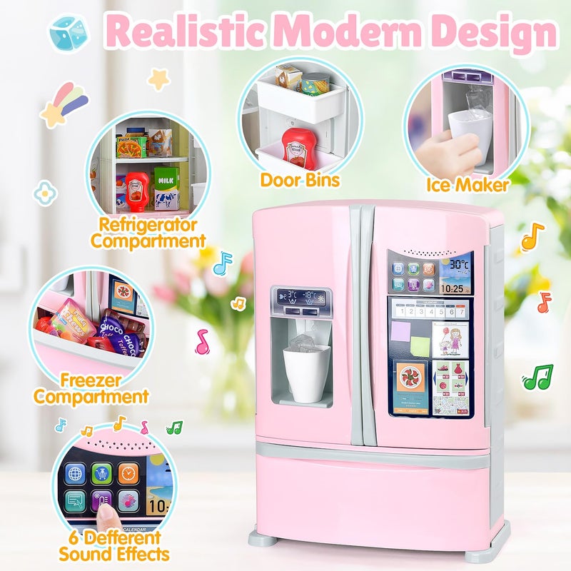 PLAY Refrigerator Toy Fridge with Ice Dispenser, Kids Pretend Play Kitchen Accessories with Toy Food Drink Bottles Milk Cans, Play Kitchen Appliances Set for Girls Age 3+, White - Image 3