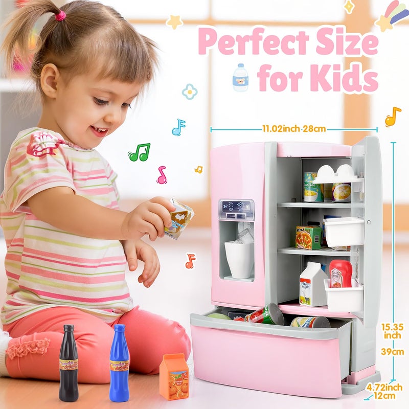 PLAY Refrigerator Toy Fridge with Ice Dispenser, Kids Pretend Play Kitchen Accessories with Toy Food Drink Bottles Milk Cans, Play Kitchen Appliances Set for Girls Age 3+, White - Image 2