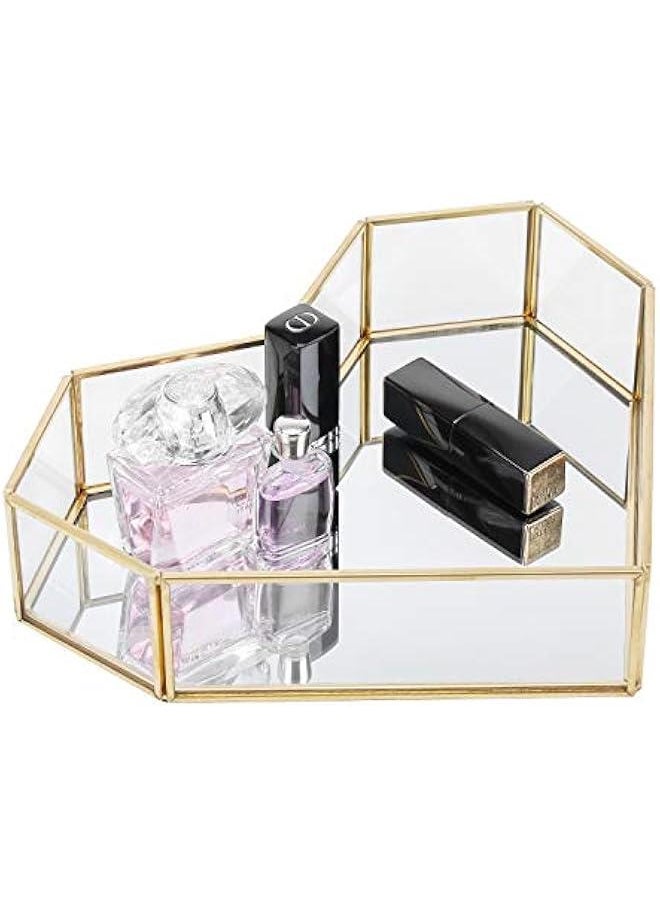 Decorative Makeup Vanity Trays, Crystal Mirrored Cosmetic Jewelry Toiletries Trinket Home Decor Tray Handmade Glass Ornate Perfume Tray for Dresser Bedroom Bathroom Restaurant Hotel (Heart Shape)  - Image 1