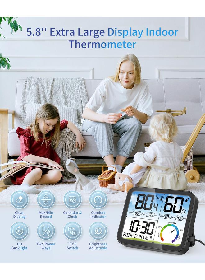Bluejw VOCOO Digital Indoor Room Thermometer - 5.8'' Extra Large Display Temperature Humidity Sensor with Accurate Temp Humidity Gauge Monitor, Calibration, Max & Min Records, Comfort, Backlit, Date & Clock  - Image 2