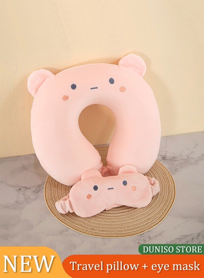 DUNISO Travel Neck Pillow，Portable Cartoon Memory Foam Neck Pillow，U Shape Head Pillow with Eye Mask,360° Surround Support，Detachable,Comfortable and Breathable，for  Airplane, Car, Train, Bus and Home Use - Image 1