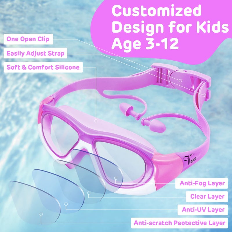 Vvinca Kids Swim Goggles, Wide Vision Anti-Fog Swimming Goggles, Soft Silicone Seal Water Pool Goggles, No Leak UV Protection Swimming Glasses for Kids Youth Teens Age 3-12, Purple - Image 2