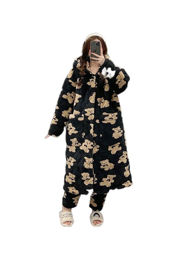 Nariele Warm Bathrobe Thickened Nightgown Women's Extended Cotton Cladding Coral Plush Sleepwear Set - Image 1