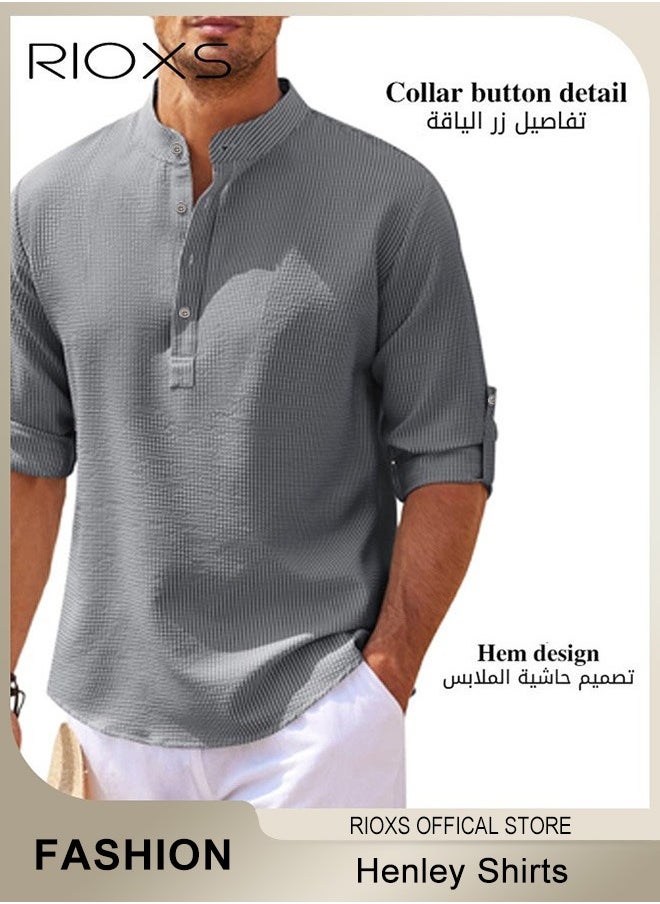 RIOXS - Men's Waffle Long Sleeve Henley Shirts, Casual Button Down Beach Pullover Tops, Roll Up Long Sleeve Shirt For Men, Stand Up Collar Tee Shirts, Comfy Breathable Men Blouse For Daily Wear - Image 1