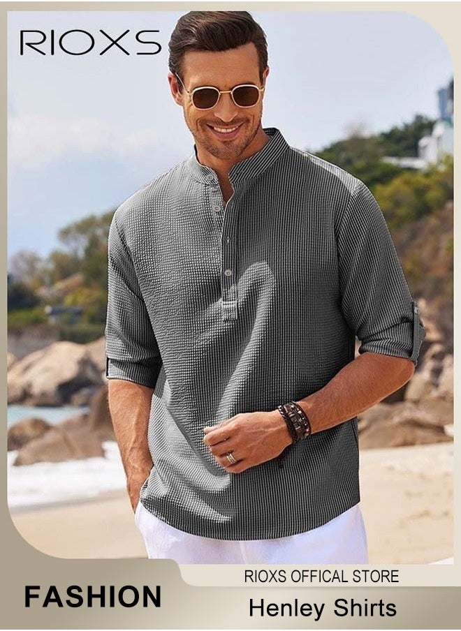 RIOXS - Men's Waffle Long Sleeve Henley Shirts, Casual Button Down Beach Pullover Tops, Roll Up Long Sleeve Shirt For Men, Stand Up Collar Tee Shirts, Comfy Breathable Men Blouse For Daily Wear - Image 1
