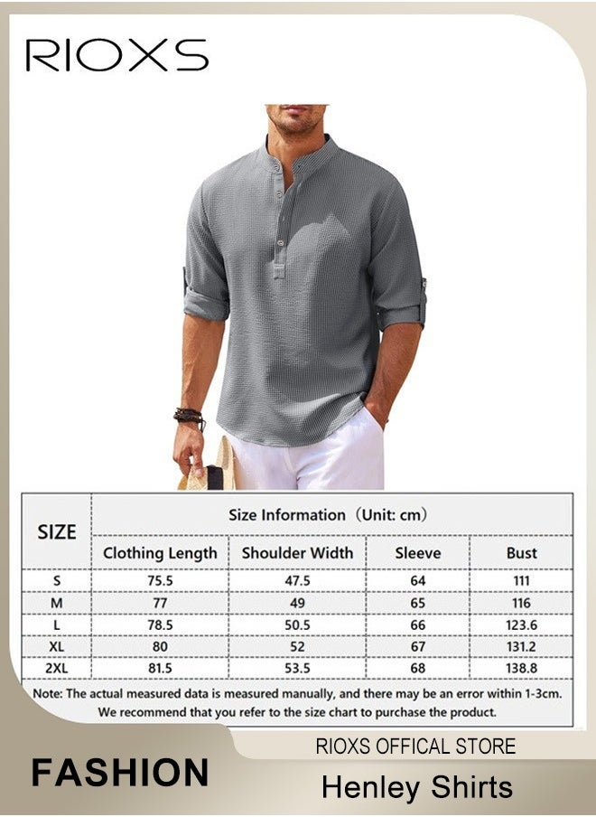 RIOXS - Men's Waffle Long Sleeve Henley Shirts, Casual Button Down Beach Pullover Tops, Roll Up Long Sleeve Shirt For Men, Stand Up Collar Tee Shirts, Comfy Breathable Men Blouse For Daily Wear - Image 1