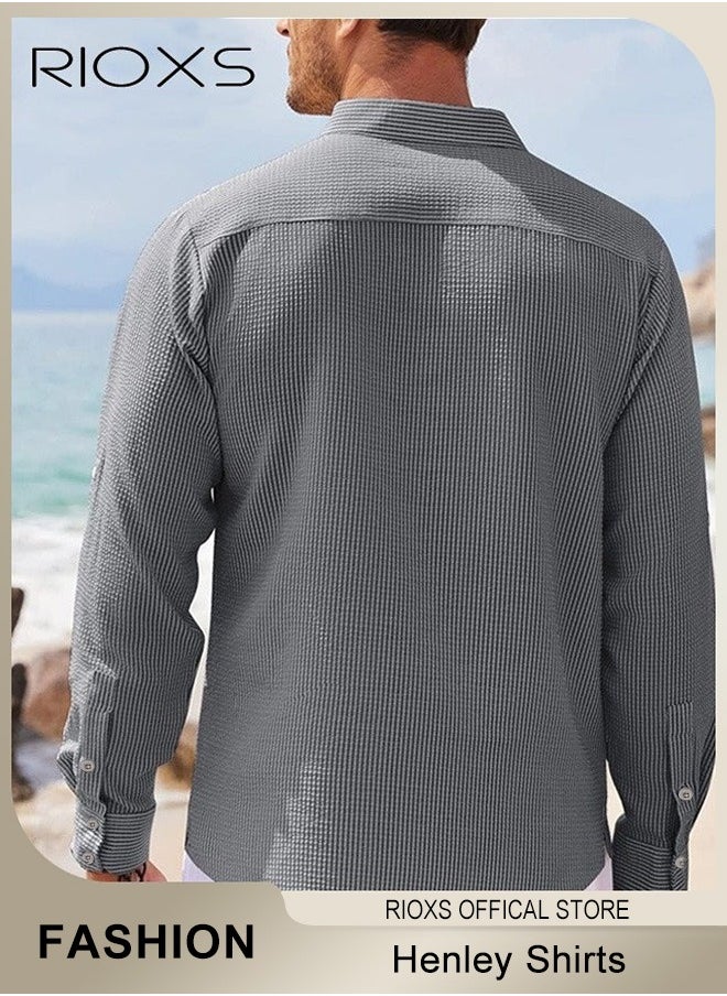 RIOXS - Men's Waffle Long Sleeve Henley Shirts, Casual Button Down Beach Pullover Tops, Roll Up Long Sleeve Shirt For Men, Stand Up Collar Tee Shirts, Comfy Breathable Men Blouse For Daily Wear - Image 1