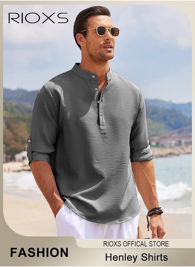 RIOXS - Men's Waffle Long Sleeve Henley Shirts, Casual Button Down Beach Pullover Tops, Roll Up Long Sleeve Shirt For Men, Stand Up Collar Tee Shirts, Comfy Breathable Men Blouse For Daily Wear - Image 1