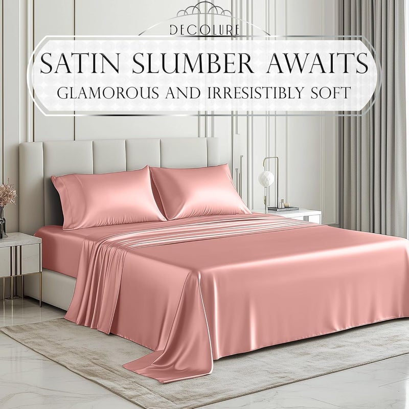 DECOLURE 4-Piece Satin Bed Sheet Set Soft & Silky Touch with 15" Deep Pocket, Hypoallergenic, Double Stitched, Wrinkle-Resistant, Elegant (Light Pink) - Image 2