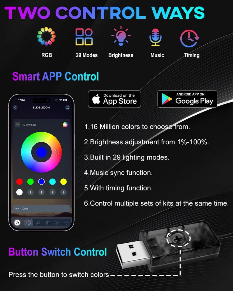 Qasim أضواء شريط LED داخلية للسيارة، مجموعات إضاءة محيطة للسيارة مع تحكم عبر تطبيق USB والبلوتوث، مزامنة الموسيقى مع الألياف البصرية، شريط ضوء نيون داخلي للسيارة - Image 3