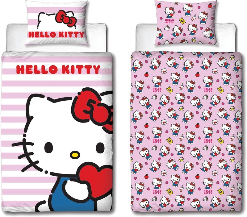 كاركتر ورلد Hello Kitty مرخص رسميًا طقم غطاء لحاف مفرد بتصميم Hello | لحاف قطري قابل للعكس من الجانبين يشمل غطاء وسادة مطابق | مثالي لغرفة نوم الأطفال | بولي قطني - Image 1