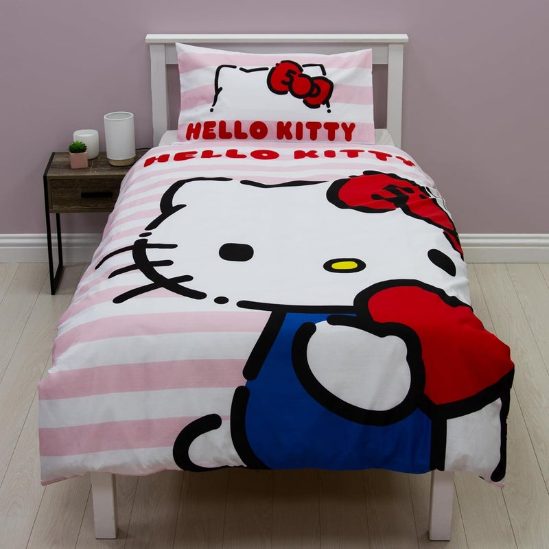 كاركتر ورلد Hello Kitty مرخص رسميًا طقم غطاء لحاف مفرد بتصميم Hello | لحاف قطري قابل للعكس من الجانبين يشمل غطاء وسادة مطابق | مثالي لغرفة نوم الأطفال | بولي قطني - Image 4