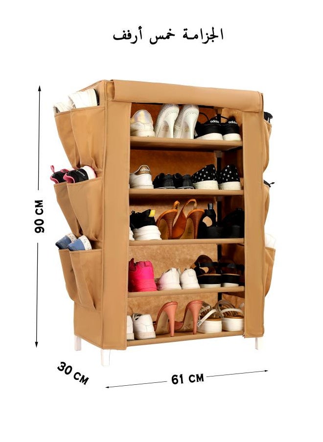 TTTP The Professionals Choice Shoe Rack W/Fabric Cover, 5 Shelves & 6 Pockets On Each Side 61x30x90 cm Beige Color  - Image 5