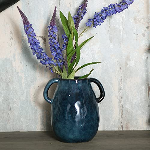 Tanvecle Blue Ceramic Vase with 2 Handles, Modern Farmhouse Decor, Rustic Terracotta Pottery, Decorative Flower Vases, Clay Small Vase, Centerpiece for Dining Table - 7 Inch Tall - Image 3