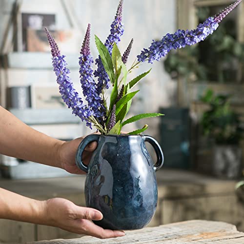 Tanvecle Blue Ceramic Vase with 2 Handles, Modern Farmhouse Decor, Rustic Terracotta Pottery, Decorative Flower Vases, Clay Small Vase, Centerpiece for Dining Table - 7 Inch Tall - Image 5