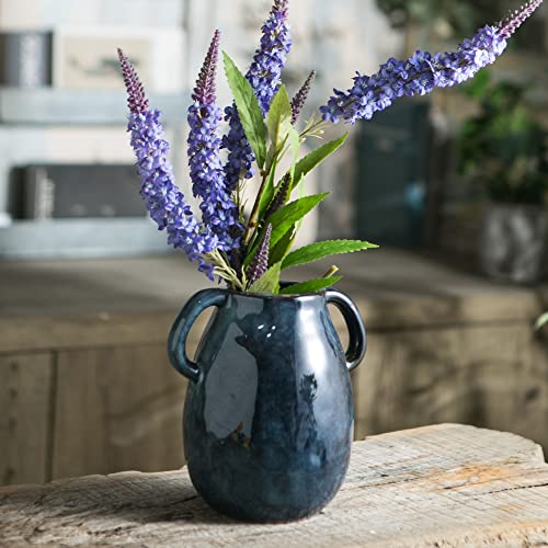 Tanvecle Blue Ceramic Vase with 2 Handles, Modern Farmhouse Decor, Rustic Terracotta Pottery, Decorative Flower Vases, Clay Small Vase, Centerpiece for Dining Table - 7 Inch Tall - Image 2