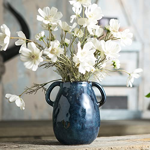 Tanvecle Blue Ceramic Vase with 2 Handles, Modern Farmhouse Decor, Rustic Terracotta Pottery, Decorative Flower Vases, Clay Small Vase, Centerpiece for Dining Table - 7 Inch Tall - Image 4
