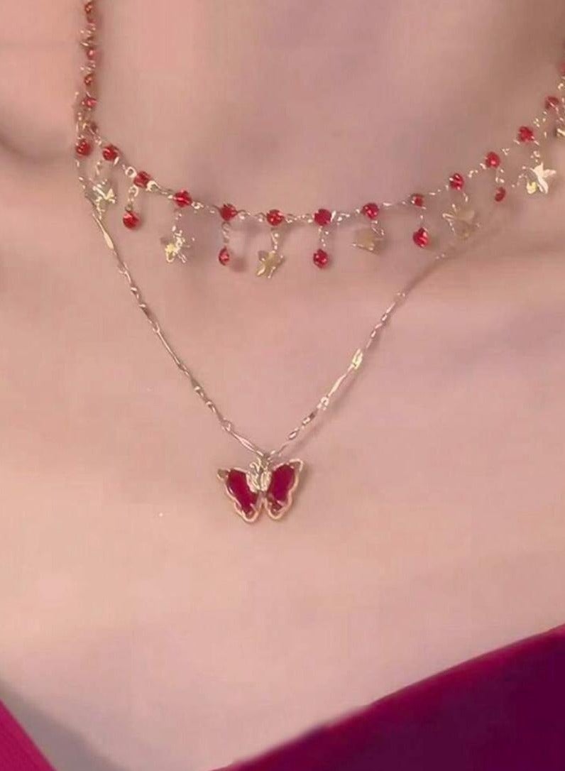 2pcs Red Dreaming Butterfly Pendant Necklace For Women, Double Layer Clavicle Chain, Luxurious Elegant Design  - Image 1