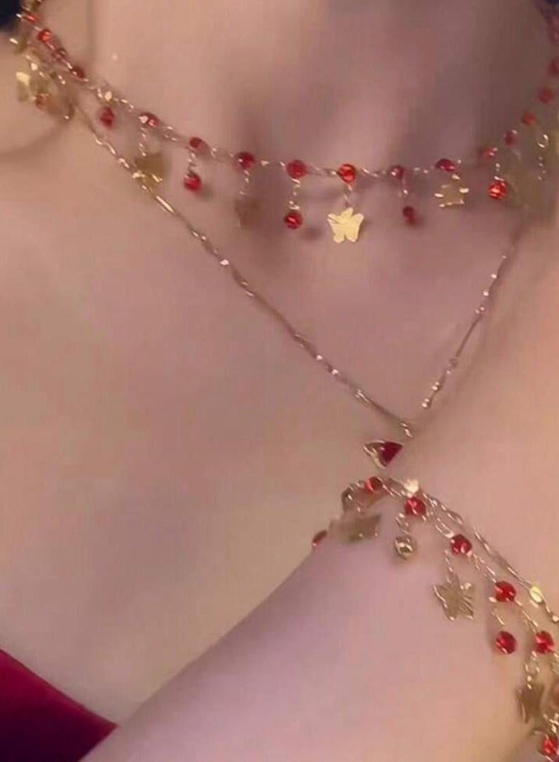 2pcs Red Dreaming Butterfly Pendant Necklace For Women, Double Layer Clavicle Chain, Luxurious Elegant Design  - Image 3