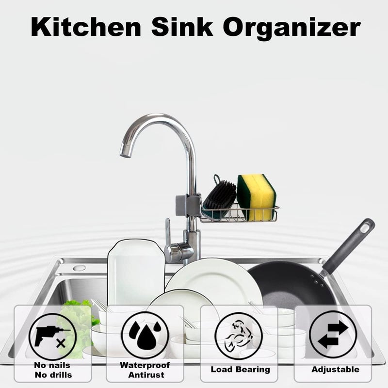 Dec Kitchenpro Kitchen Sink Faucet Sponge Holder Caddy Organizer Over, Stainless Steel Heavy Duty Thickening Hanging Drain Rack for scrubbers - Image 5