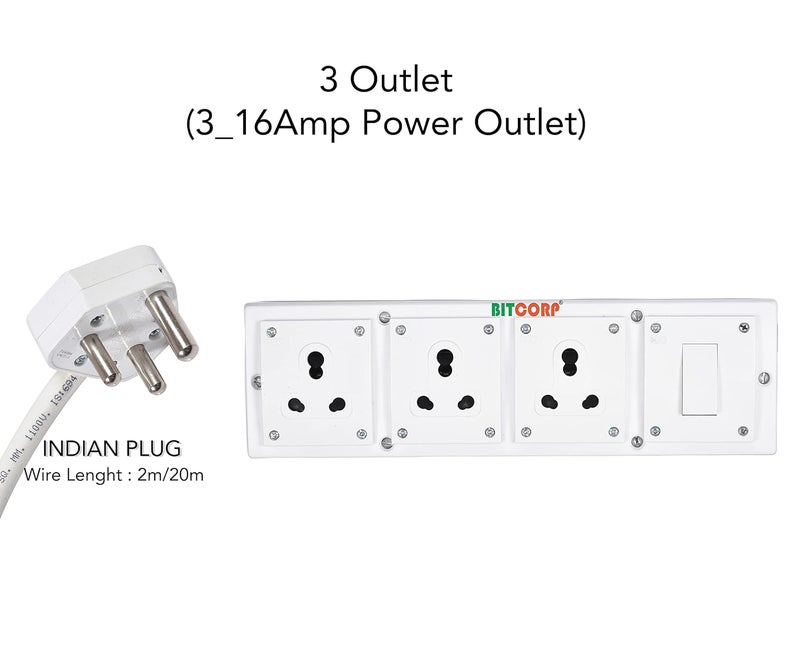 BITCORP Bitcorp Electric Extension Cord for Small and Heavy Duty Appliances 15A 16A 20A 3 Socket 1 Switch High Power Wattage 2500 Load Capacity Power Strip with 1 Meter Long Length Wire Plug White  - Image 2