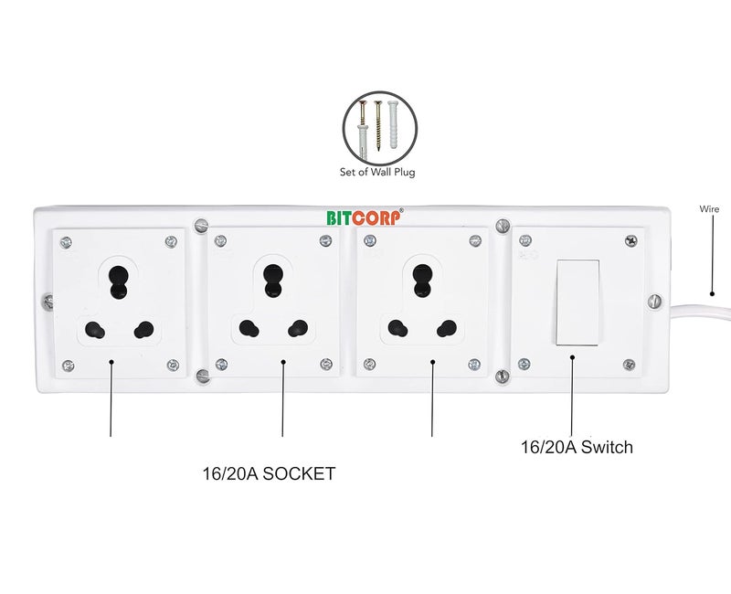 BITCORP Bitcorp Electric Extension Cord for Small and Heavy Duty Appliances 15A 16A 20A 3 Socket 1 Switch High Power Wattage 2500 Load Capacity Power Strip with 1 Meter Long Length Wire Plug White  - Image 3