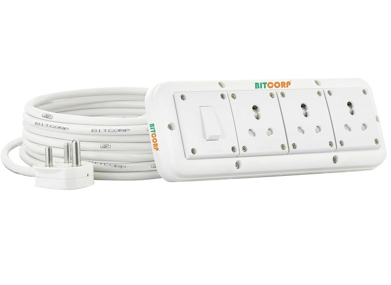 BITCORP Bitcorp Electric Extension Cord for Small and Heavy Duty Appliances 15A 16A 20A 3 Socket 1 Switch High Power Wattage 2500 Load Capacity Power Strip with 1 Meter Long Length Wire Plug White  - Image 1