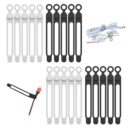 UMUST 20pcs Silicone Cable TiesReusable Cable Management Organizer Wire TiesTravel Cord TiesCord Organizer for Bundling Cable Cords in HomeOfficeKitchenSchoolWhite Black - Image 1