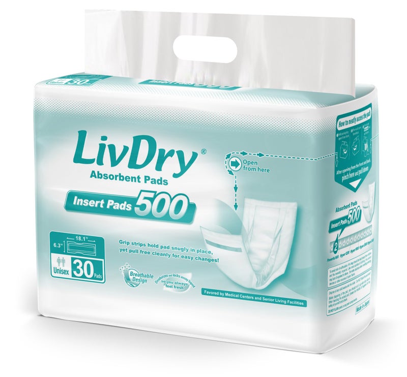 LivDry Incontinence Pads for Women and Men, Long Length Insert, Extra Absorbency with Odor Control (30 Count) - Image 1