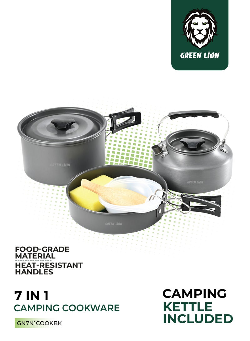 GREEN LION 7 IN 1 Camping Cookware / Anodized aluminum & stainless steel / Easy to store and carry / Wooden Shovel & Sponge / Food-Grade Material / Foldable and Lightweight / Foldable Soup Spoon - Black - Image 1