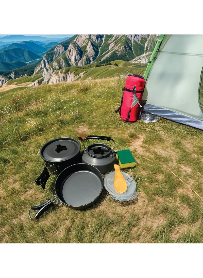 GREEN LION 7 IN 1 Camping Cookware / Anodized aluminum & stainless steel / Easy to store and carry / Wooden Shovel & Sponge / Food-Grade Material / Foldable and Lightweight / Foldable Soup Spoon - Black - Image 2