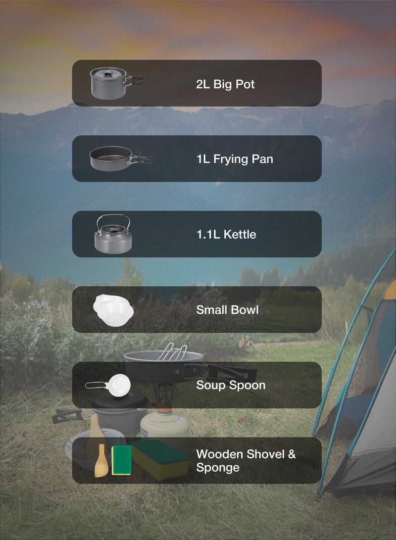 GREEN LION 7 IN 1 Camping Cookware / Anodized aluminum & stainless steel / Easy to store and carry / Wooden Shovel & Sponge / Food-Grade Material / Foldable and Lightweight / Foldable Soup Spoon - Black - Image 3
