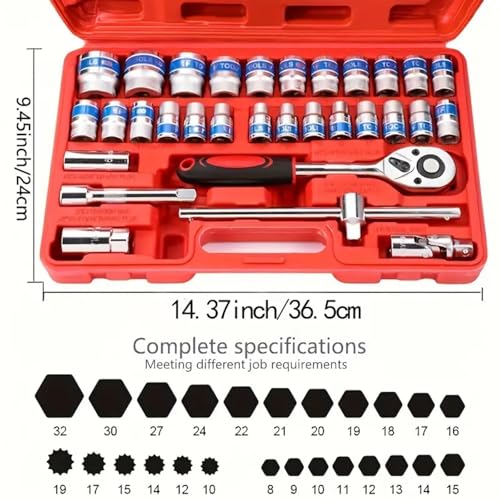 SNE 32-Piece Tool Kit - Ratchet Socket Wrench Set with Half Inch Ratchet, Spanner, Carry Box for Automobile, Bike, Car Repair - Image 2