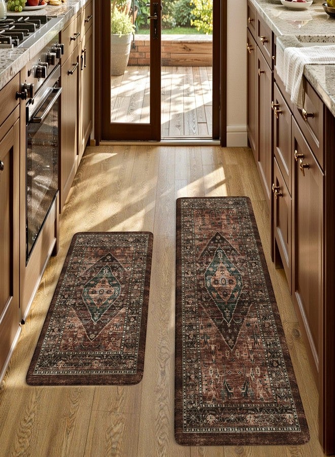 KIMODE Anti Fatigue Kitchen Mats for Floor, Boho Floral Kitchen Rugs Sets of 2, Brick Cushioned Kitchen Floor Mats, Non Slip Standing Desk Mat for Sink Laundry Office Desk 20"x47"+20"x32" - Image 1