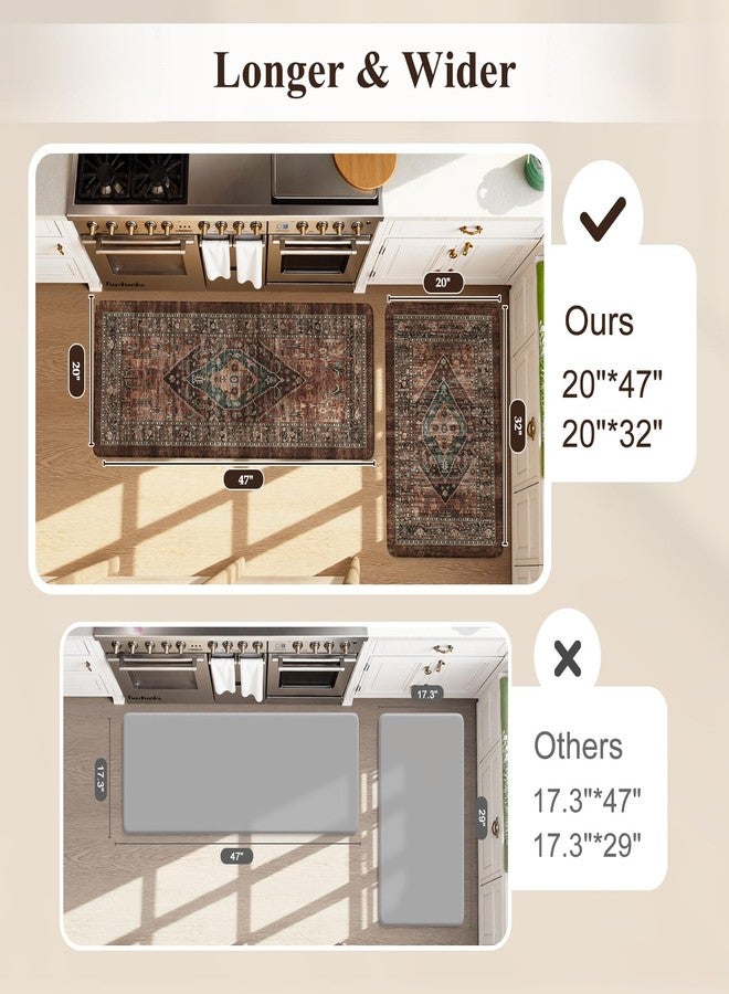 KIMODE Anti Fatigue Kitchen Mats for Floor, Boho Floral Kitchen Rugs Sets of 2, Brick Cushioned Kitchen Floor Mats, Non Slip Standing Desk Mat for Sink Laundry Office Desk 20"x47"+20"x32" - Image 2