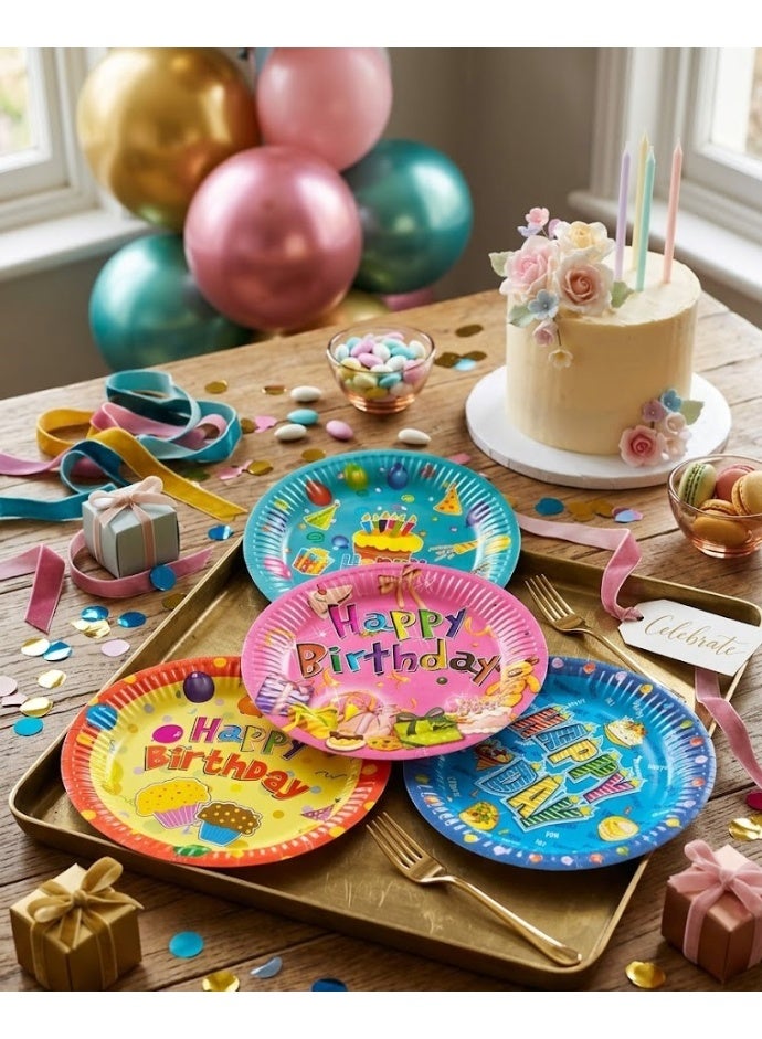Paper plates for birthdays and occasions. A set of disposable paper birthday plates – bright, multi-colored, and various shapes. - Image 2