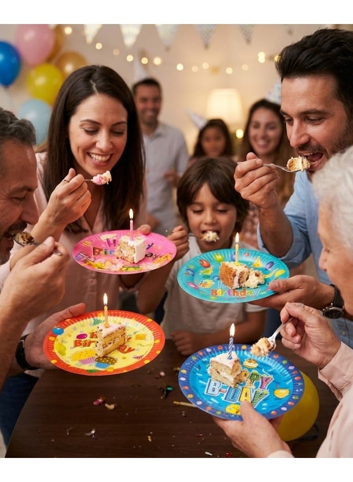 Paper plates for birthdays and occasions. A set of disposable paper birthday plates – bright, multi-colored, and various shapes. - Image 3