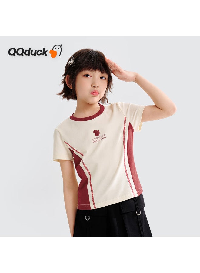 QQ DUCK تي شيرت قصير الأكمام للبنات من كيو كيو داك - ملابس صيفية جديدة وحلوة للأطفال - ملابس مراهقات - فتاة حيوية - أبيض أرز; 120 - Image 1