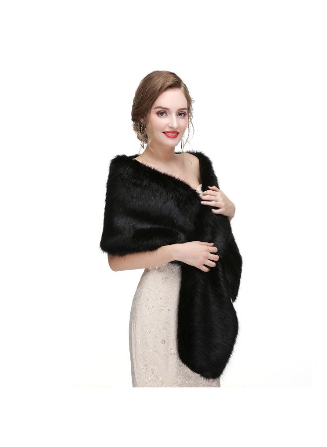 Black Faux Fur Shawl Wrap Stole Shrug for Winter Bridal Wedding Cover Up - Image 2