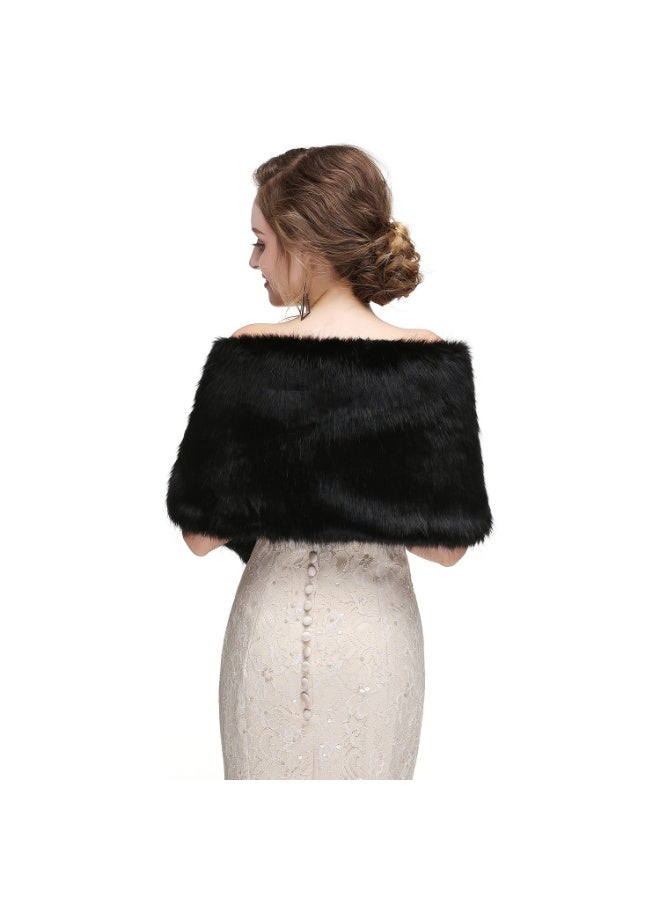 Black Faux Fur Shawl Wrap Stole Shrug for Winter Bridal Wedding Cover Up - Image 5