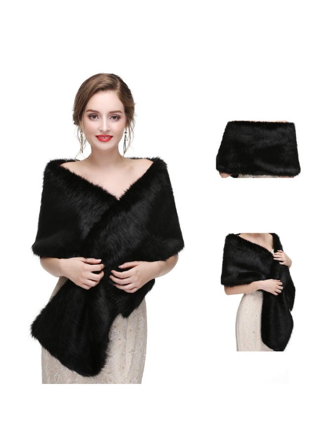 Black Faux Fur Shawl Wrap Stole Shrug for Winter Bridal Wedding Cover Up - Image 3
