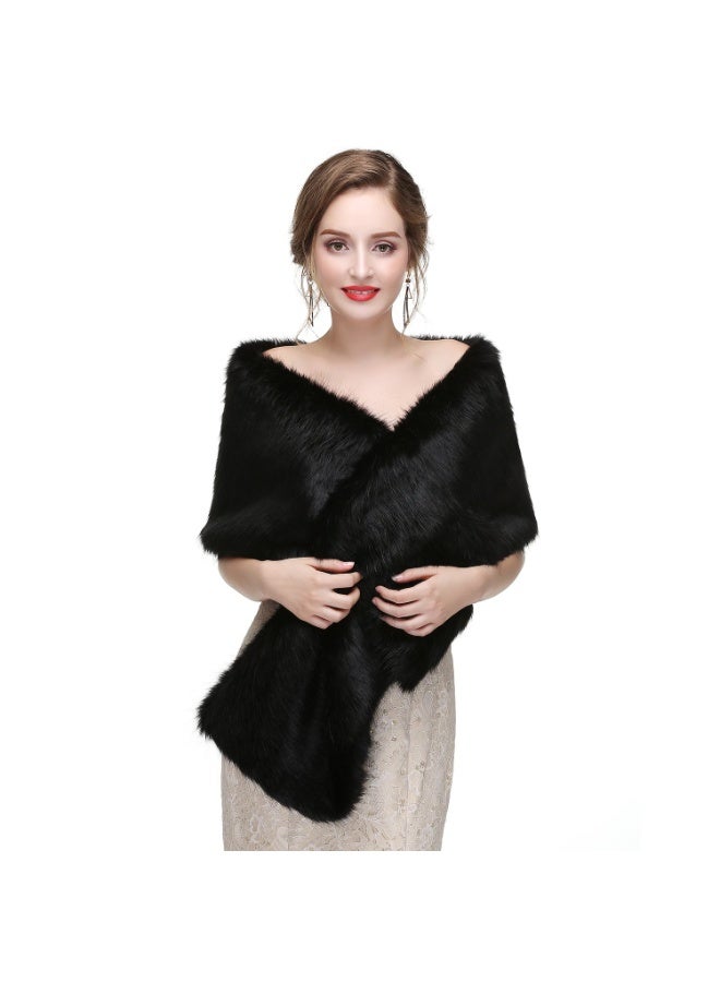 Black Faux Fur Shawl Wrap Stole Shrug for Winter Bridal Wedding Cover Up - Image 1
