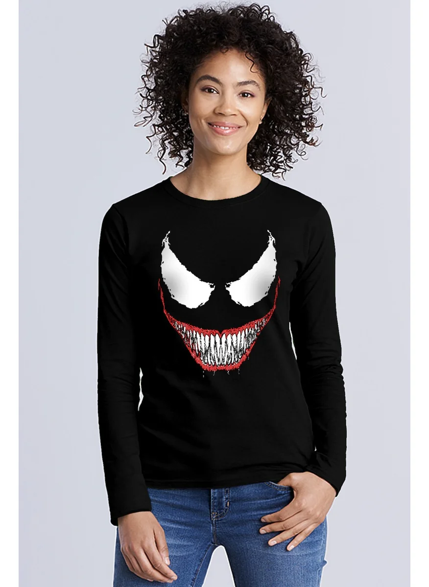 Rock&Roll Crocodile Teeth Crew Neck Black Long Sleeve Combed Cotton Women's T-Shirt