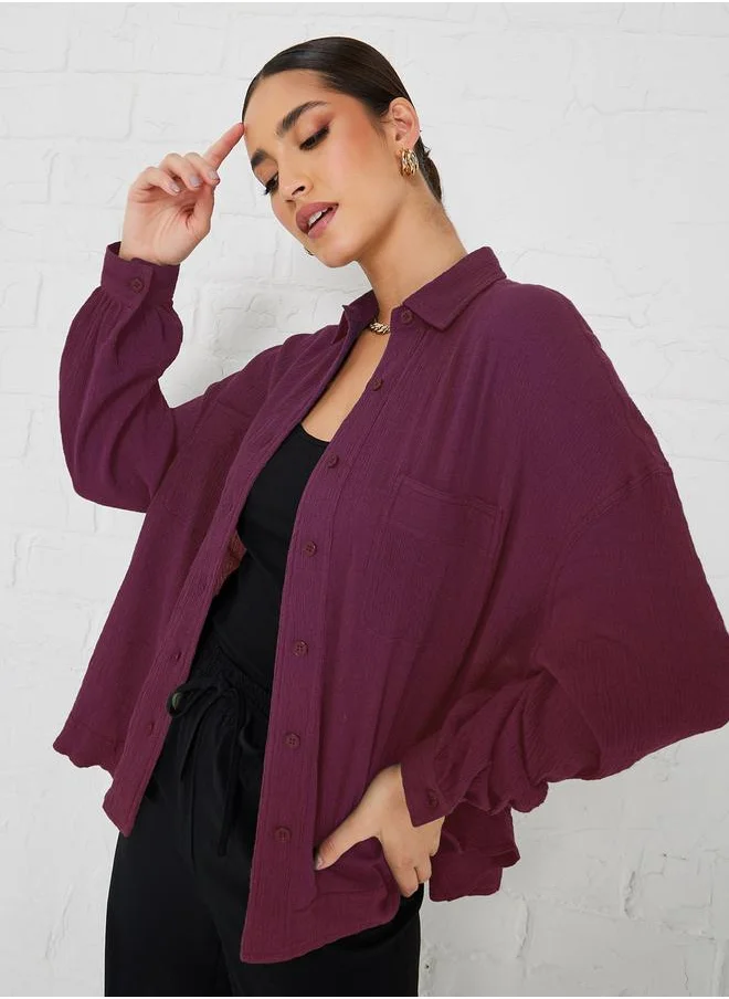 ستايلي Drop Shoulder Crepe Oversized Shirt with Patch Pocket