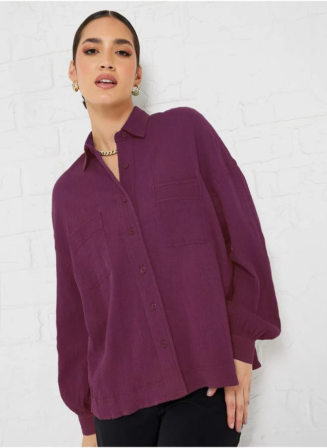ستايلي Drop Shoulder Crepe Oversized Shirt with Patch Pocket