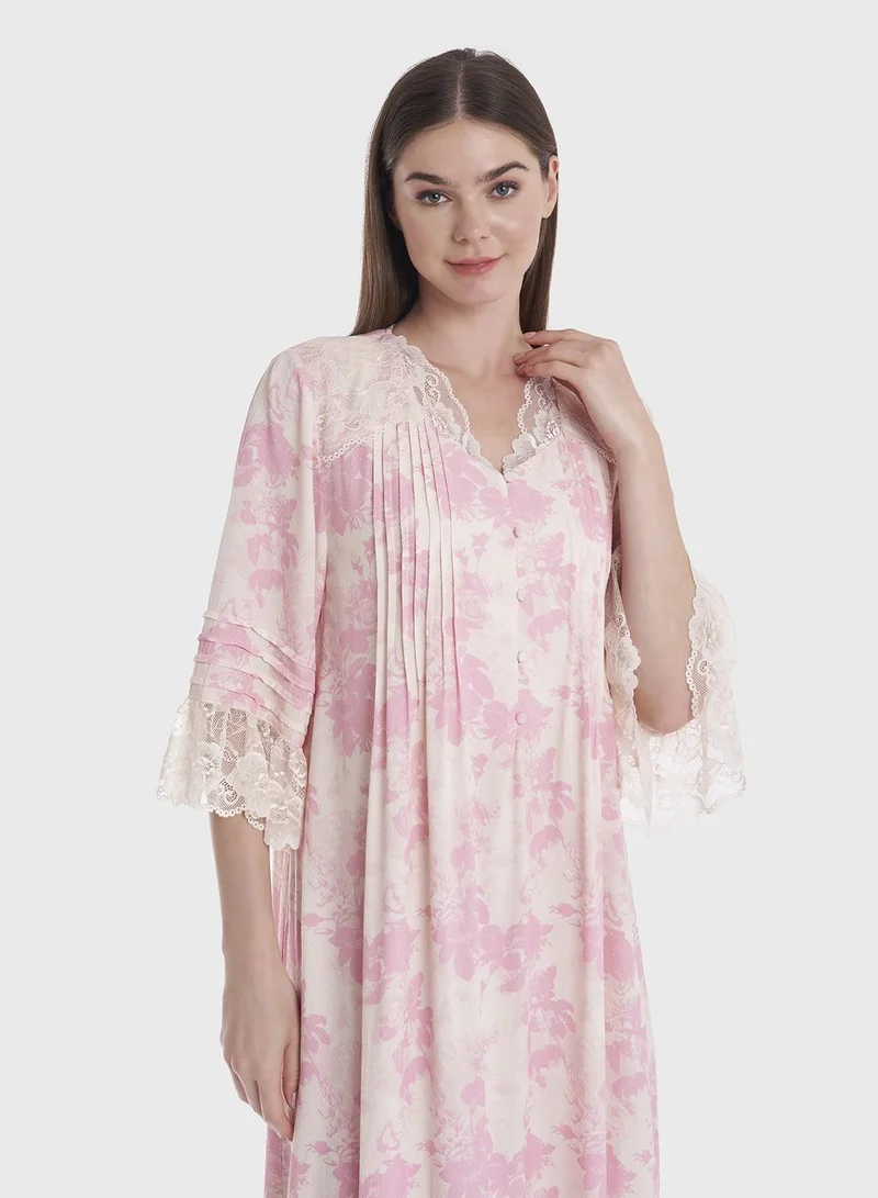 كشخة Floral Printed Dress with Lace Details