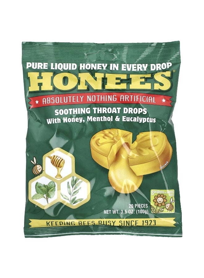 Honees هونيز، قطرات مهدئة للحلق. مع العسل، المنثول والأوكاليبتوس، 20 قطعة، 3.5 أونصة (100 جرام) - Image 1